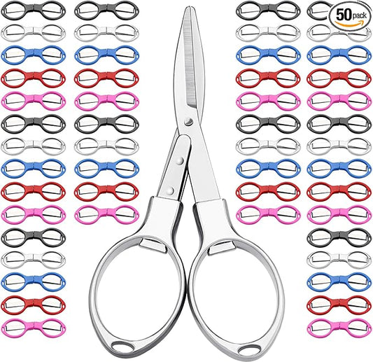 50 Pcs Mini Folding Scissors Small Foldable Travel Stainless Steel Portable Shears Bulk Badge Scissors for Nurses Glasses Shaped Anti Rust Sewing Cutter for Nurse Week Gifts School Office
