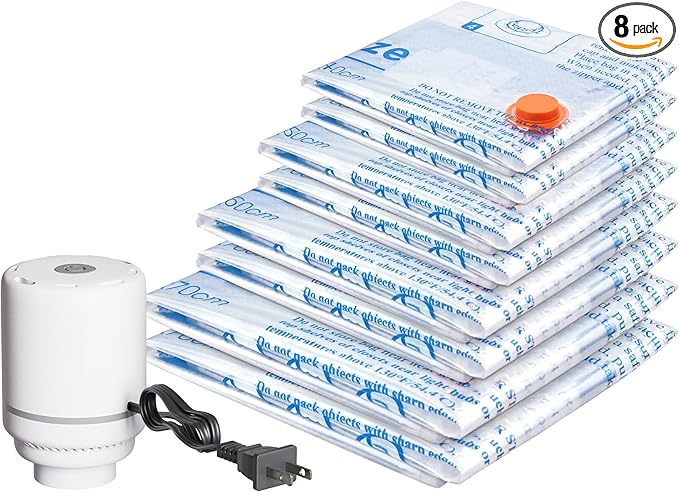 Travel Vacuum Bags With Pump,Vacuum Storage Bags with Electric Pump 8 Combo (2 J/2 L/2 M/2 Small), Plastic Packaging Bags,Travel Vacuum Bag For Luggage,Clothes, Pillows, Comforters, Blankets, Bedding