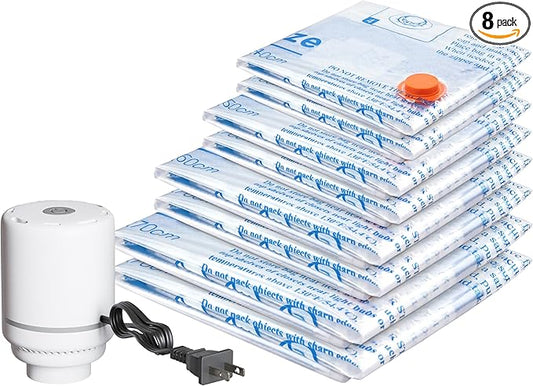 Travel Vacuum Bags With Pump,Vacuum Storage Bags with Electric Pump 8 Combo (2 J/2 L/2 M/2 Small), Plastic Packaging Bags,Travel Vacuum Bag For Luggage,Clothes, Pillows, Comforters, Blankets, Bedding