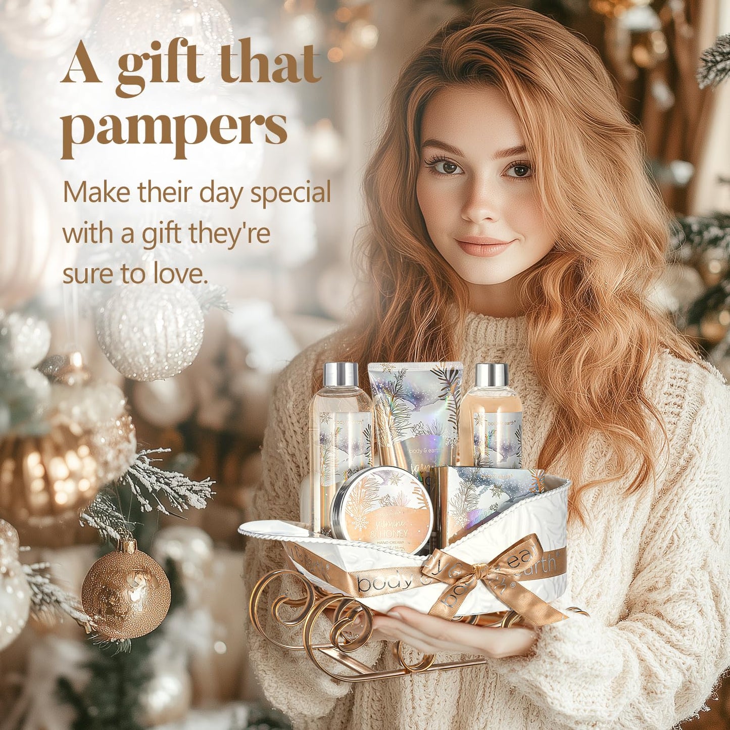 Gift Baskets for Women, Body & Earth Gift Set with Jasmine & Honey Scent Includes Bubble Bath, Hand Cream, Holiday Gift Baskets, Bath and Body Gift Sets for Women, Happy New Year Gifts