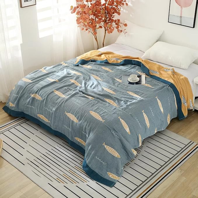 Boho Throw Blanket for Bed 100% Cotton Ultra Soft Rustic Quilt Fall Blanket Fish Printed Farmhouse Decor Bed Blankets,80"×90" All Season Rustic Throw for Sofa Couch Chair