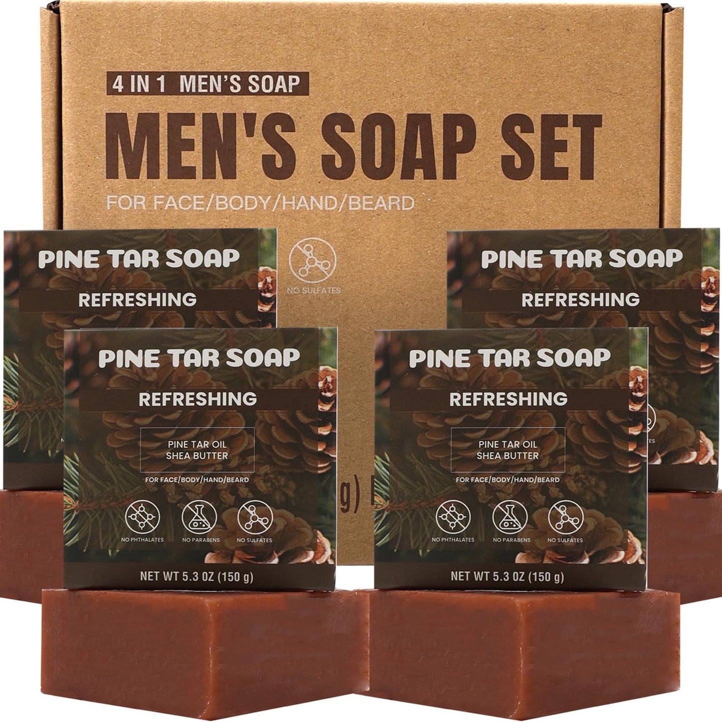 Rinse & Robust Mens Pine Tar Soap Bar Set, 4 Pack Natural Handmade Cleansing Bar Soap for Men, Exfoliating & Moisturizing Bath Soap with Pine Tar & Shea Butter | 5.3 oz of 4 Bars