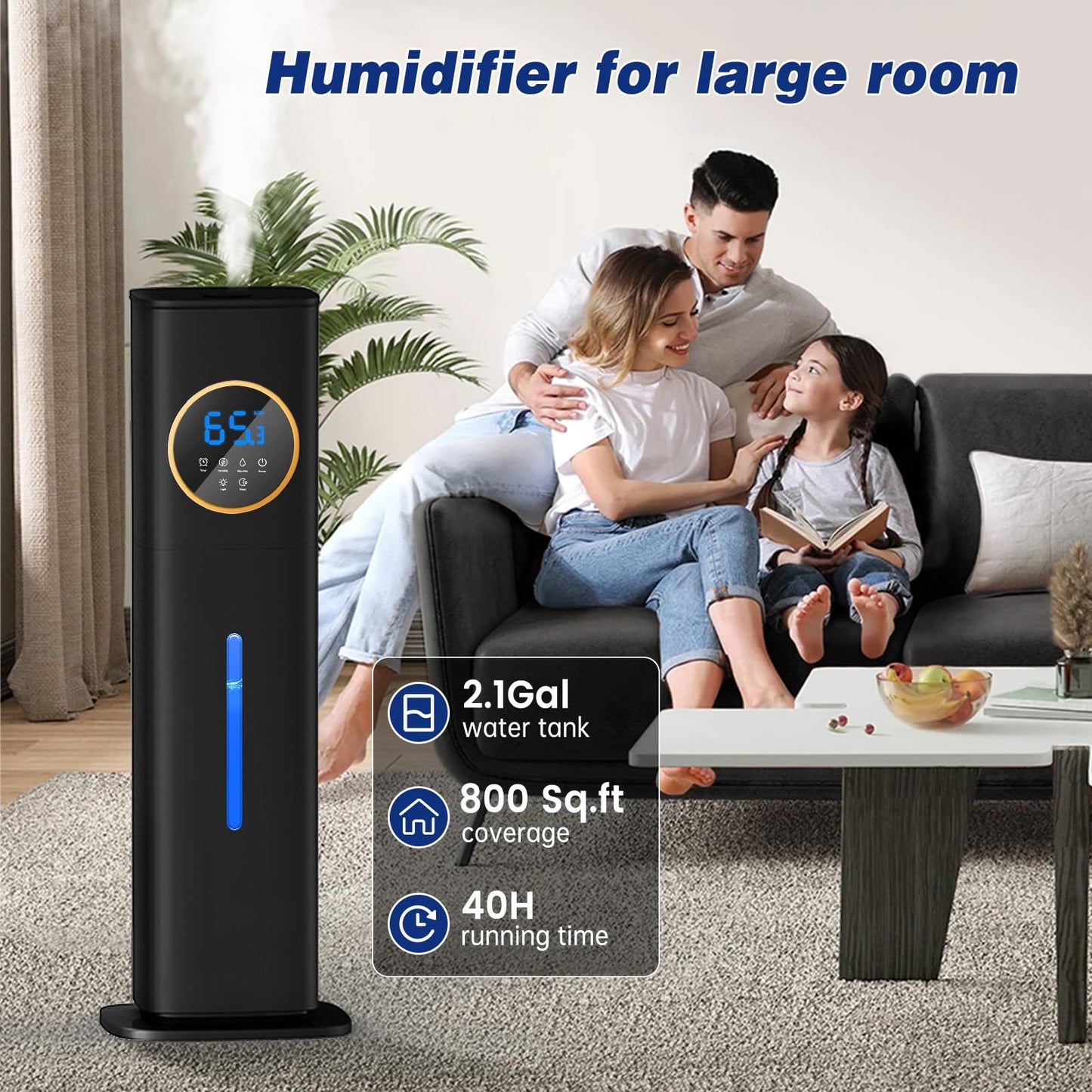 LACIDOLL Humidifiers for Bedroom, 2.1Gal/8L Humidifier large room with Essential Oil Diffuser, Top Fill Whole House Cool Mist Humidifiers for Plants Baby Kids Adults(Black)
