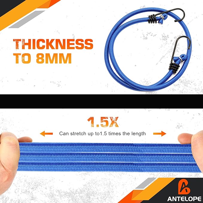 A ANTELOPE 36" Bungee Cords with Hooks, Pack of 8 Premium Heavy Duty Rubber with Strong Elastic Cords for Outdoor Tent, Luggage Rack, Camping, Cargo, RV, Bicycle, Transportation (Blue)