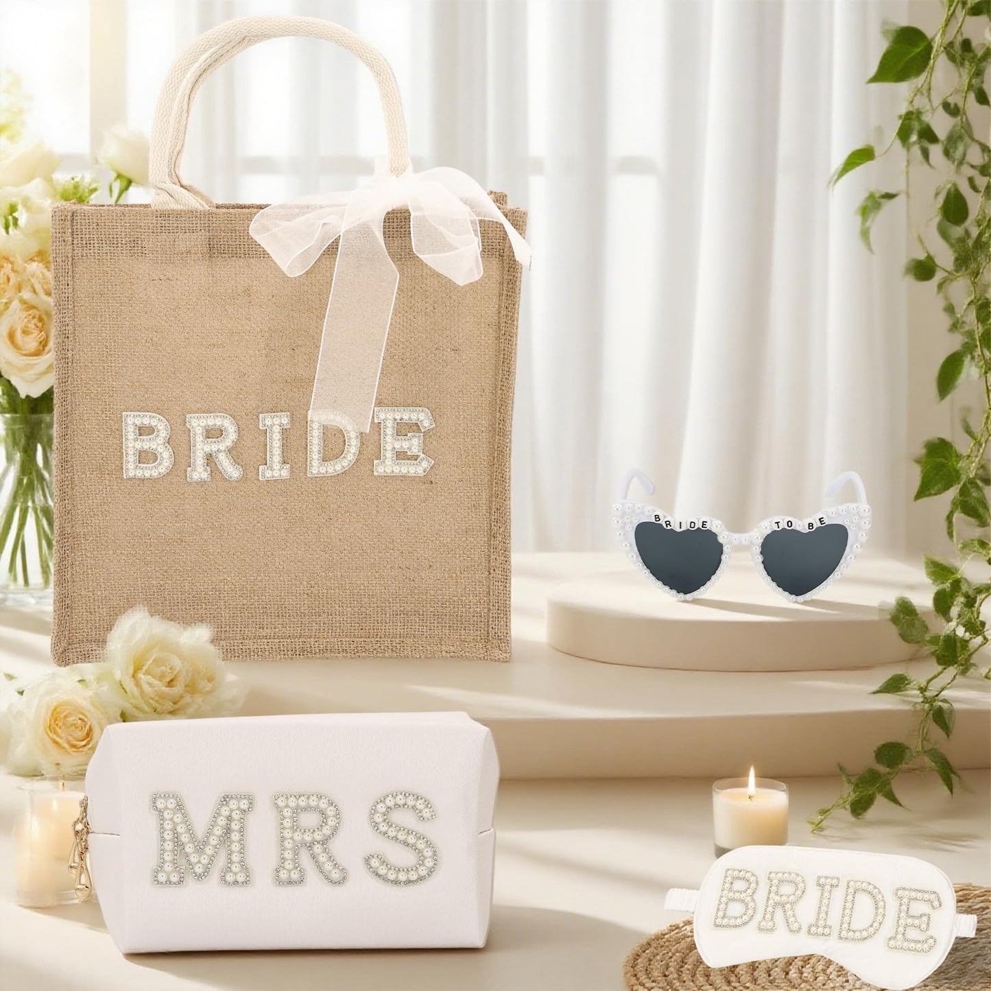 TURAOHU 4 Pcs Bride to Be Gift Set - Bride Tote Bag for Wedding Day, MRS Cosmetic Bag, Bridal Sunglasses, Eye Mask for Bachelorette Party Engagement Honeymoon Bridal Shower Gift