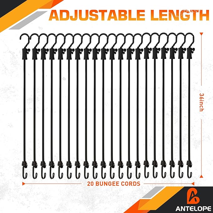 A ANTELOPE Ultimate Adjustable Outdoor Bungee Cord Assortment - Heavy Duty Set of 20 Bungee Cords (36") Double J Hooks - Versatile Elastic Straps for Fastening Tarps, Camping, Motorcycles, Bicycles