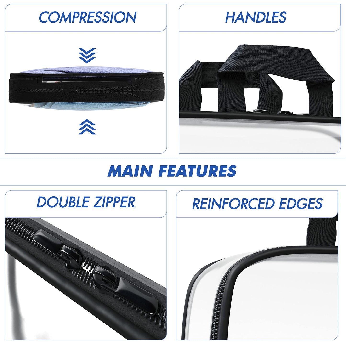 Clear Compression Packing Cubes 3 Set - Large See-Through Plastic Suitcase Bags for Travel - Luggage Compressable Organizers - Transparent PVC Collapsible Cosmetic Bag for Backpack Black