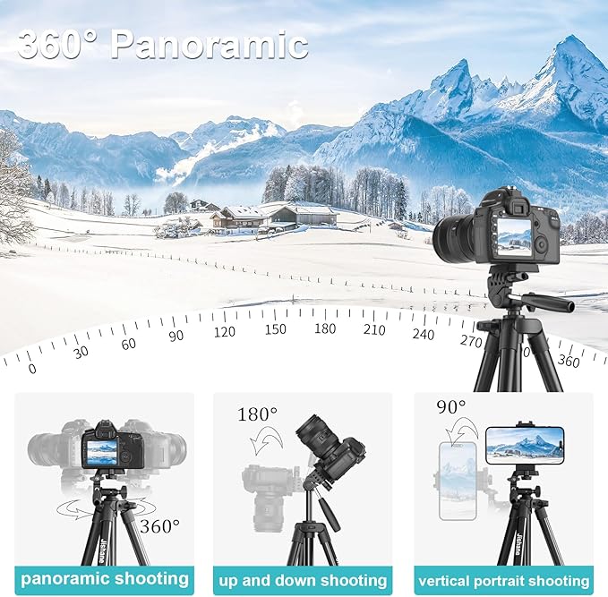 71" Camera Tripod, Versatile Cell Phone Tripod with Wireless Remote Phone Holder and Carry Bag, Lightweight Portable Camera Tripod Stand Compatible with Smartphone Cameras, Max Load 6.6 lbs