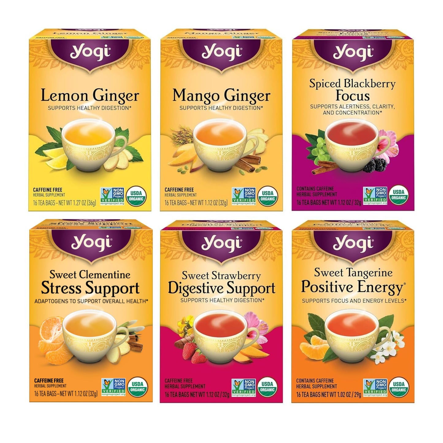 Yogi Tea - Fruity Tea Variety Sampler, 16 Tea Bags per pack (6 Packs) – Black, Green & Herbal Assorted Flavors: Sweet Clementine, Blackberry, Tangerine, Lemon, Strawberry, Mango & More