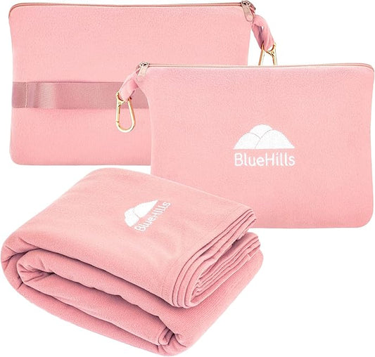 BlueHills Travel Blanket Pillow Compact Lightweight Pocket Size Airplane Traveling Essential Flight Trip Throw in Bag Portable Case Plane Accessory Pink L02