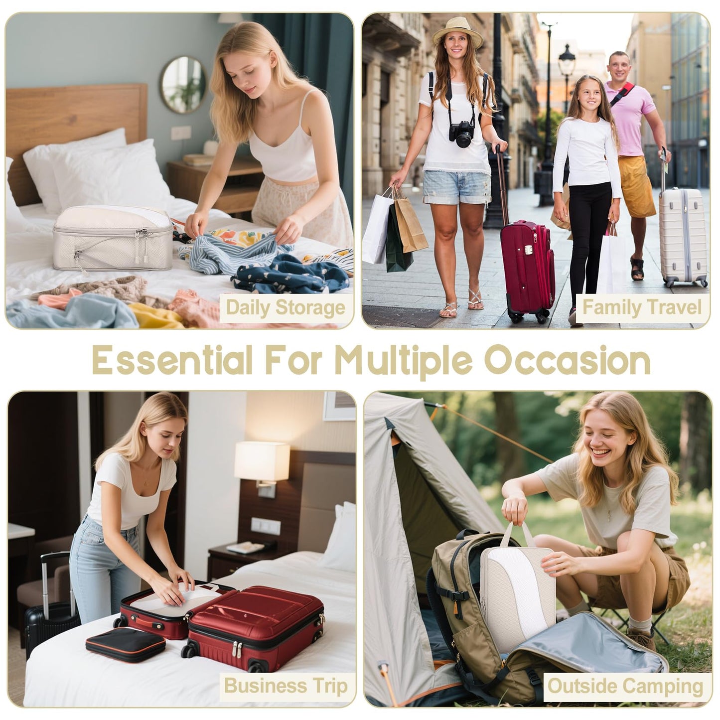 8 Set Compression Packing Cubes Travel, Expandable Travel Cubes for Carry on Luggage, Suitcase Organizer Compression Bags for Travel Essentials, Beige