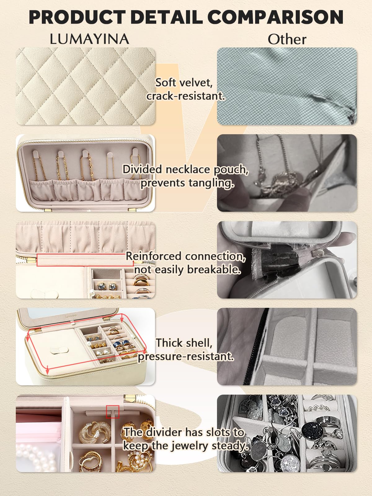 Lumayina Velvet Travel Jewelry Box with Large Mirror, Double-Layer Jewelry Organizer Case for Women and Girls, Portable Storage Case with 6 Anti-Tarnish Bags Gift Ready for Her (Beige)