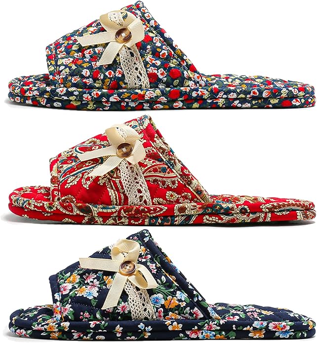 3 Pairs Floral Cotton House Slippers for Women, Open Toe Indoor Slippers Comfortable Washable Portable Foldable Guest Travel Hotel Airplane Spa Slippers
