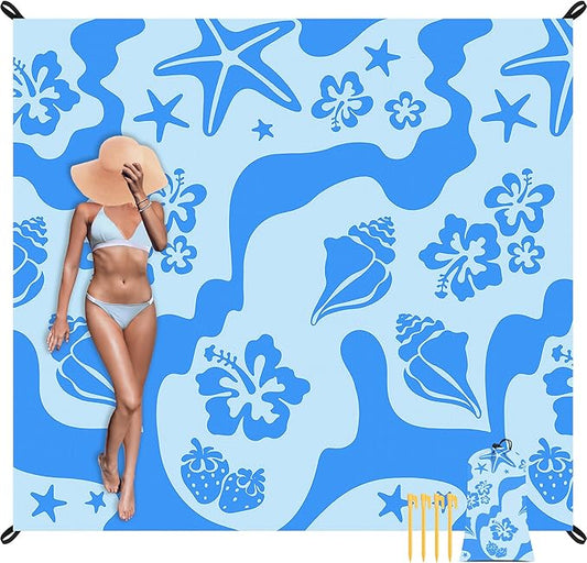 Beach Blanket Waterproof Sandproof, 78”x 86” Large Sand Free Beach Mat with 4 Stakes & Portable Bag, Big Flodable Compact Outdoor Picnic Blanket