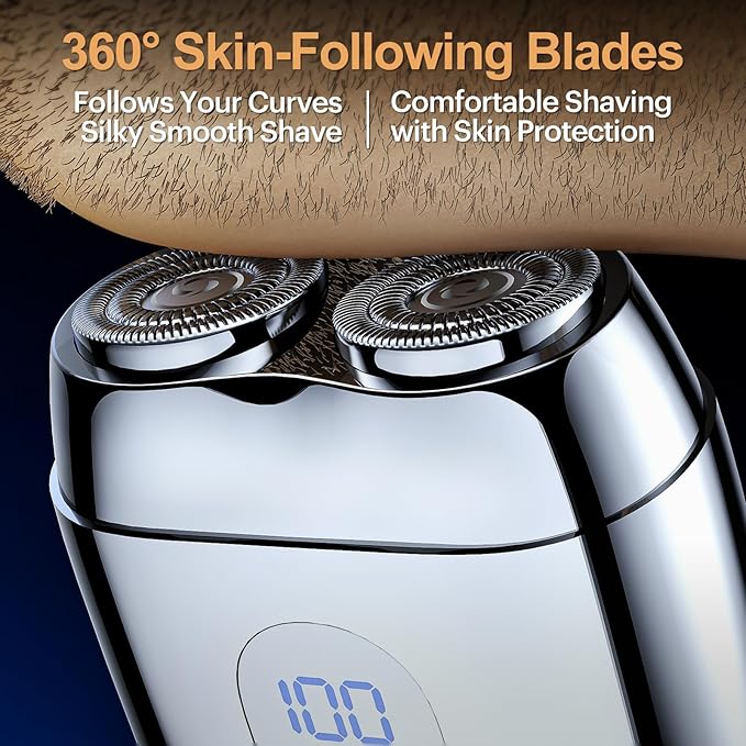 All-Metal Mini Electric Shaver for Men – Portable Travel Razor with Mirror Cap, Smooth & Close Shave, LED Display, USB-C Fast Charge, Wet/Dry Waterproof – RX40 Silver