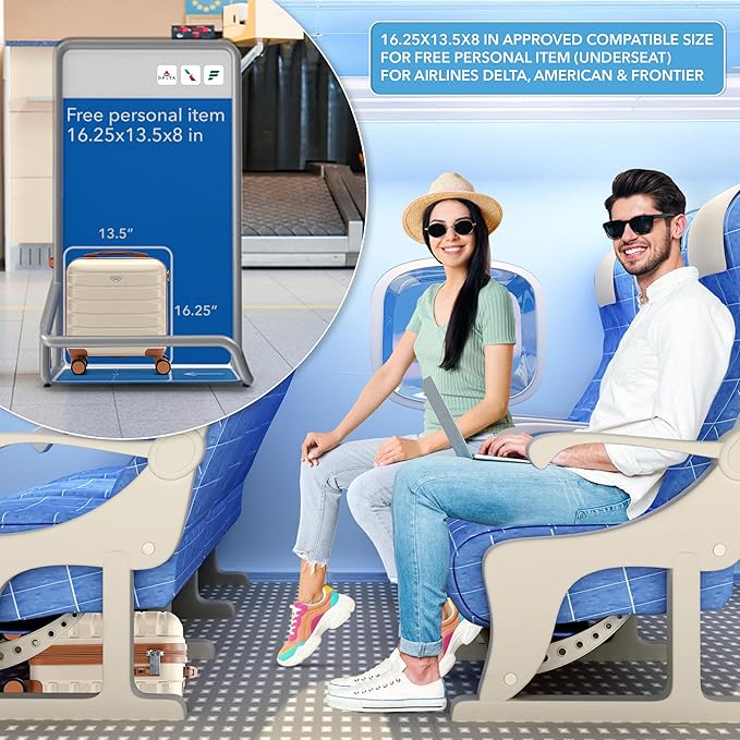 Carry On Suitcase Hardside TSA Lock & USB Port Silent Double Spinner Wheels Maximum Underseat Carry-On Bag For Virgin & South West Approved Airlines( 16.25x13.5x8" ,Cream/Tan )