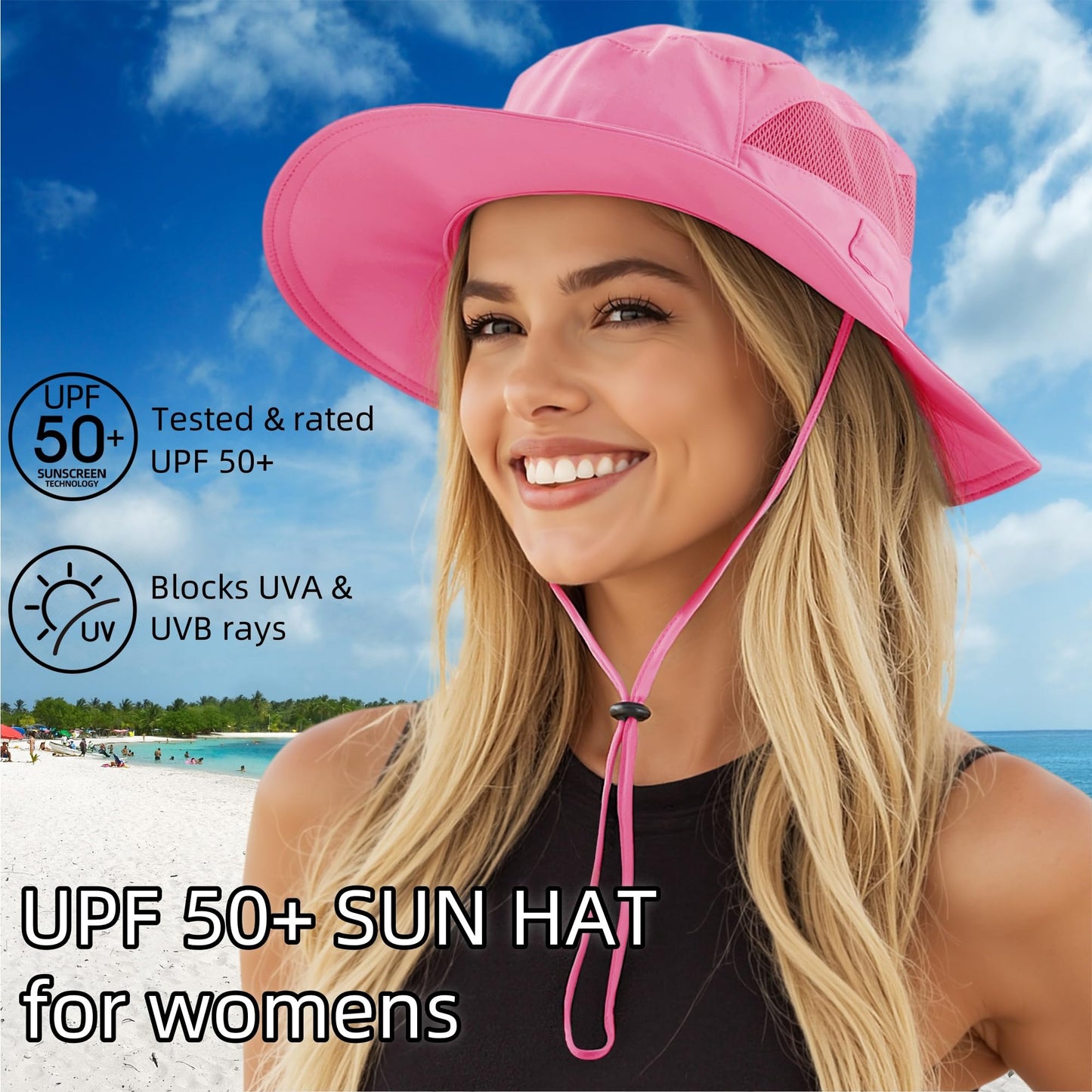 Connectyle Women's UPF 50+ Safari Sun Hat Breathable UV Protection Fishing Hat (Hot Pink)