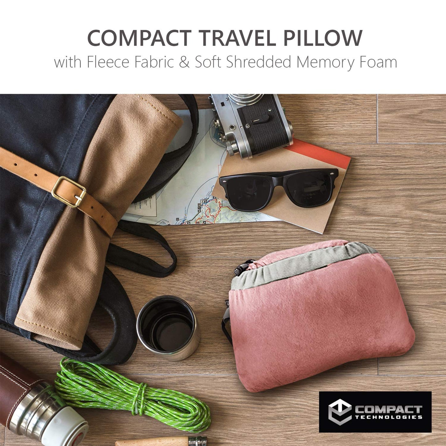 Compact Travel Pillow Made with Shredded Memory Foam and Super Soft Fleece Fabric for Ultimate Comfort in Travel. Patented Design Rolls and Compacts Small for Travel. (Pink)
