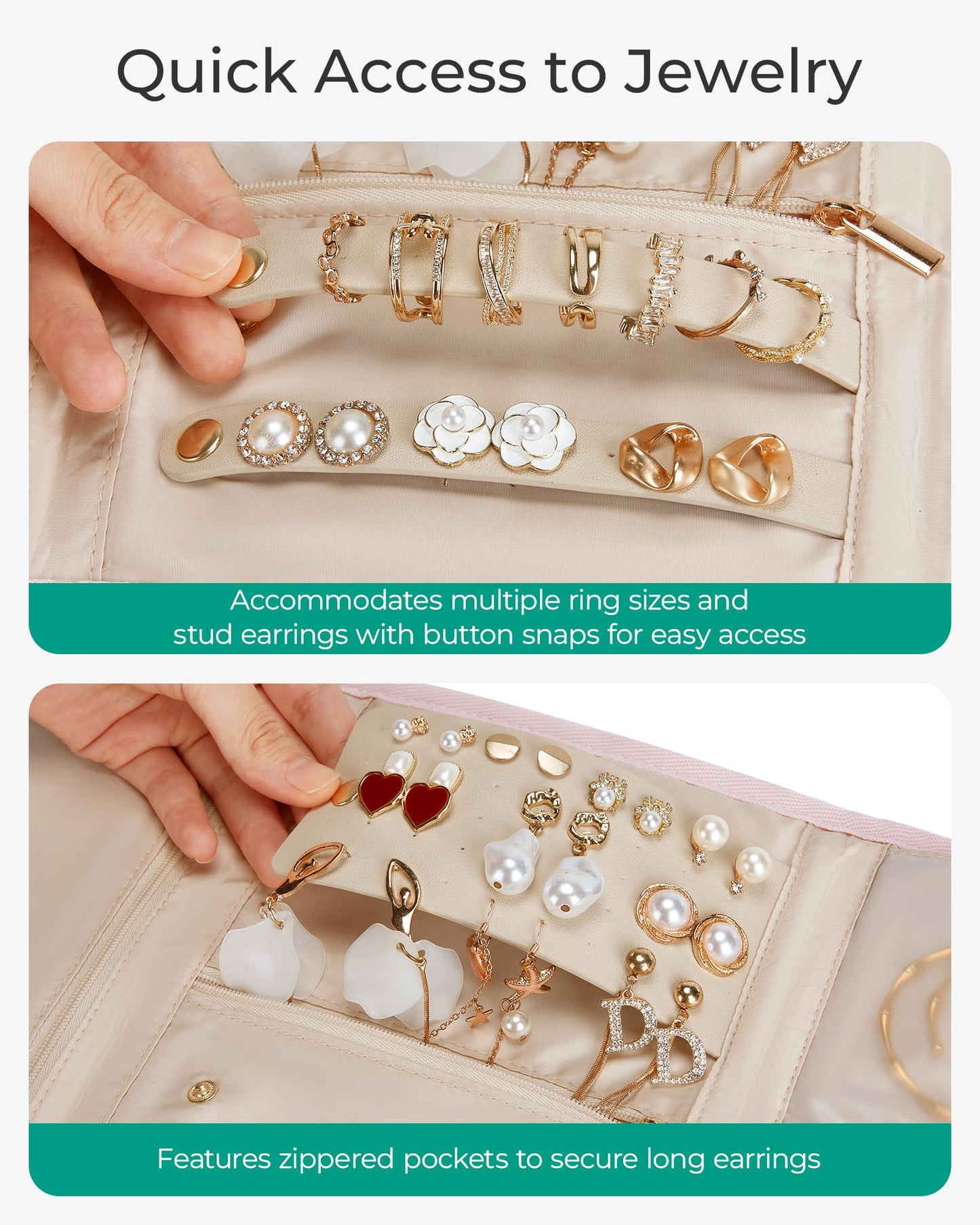 BAGSMART Travel Jewelry Organizer Case, Foldable Jewelry Roll for Necklaces, Earrings, Journey-Rings, Bracelets, Brooches, Portable, Pink