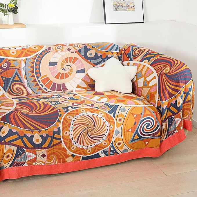 Boho Throw Blanket, King Size Pure Cotton Circle Pattern Muslin Throw Blankets for Adults, Cozy Warm Throws for Couch, Versatile Halleween Mexican Blankets,90"x98"