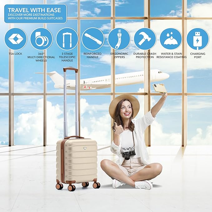 Carry On Suitcase Hardside Built In TSA Lock & USB Port Silent Double Spinner Wheels Maximum Underseat Carry-On Bag For American & United Approved Airlines( 18x14x8" ,Cream/Tan )