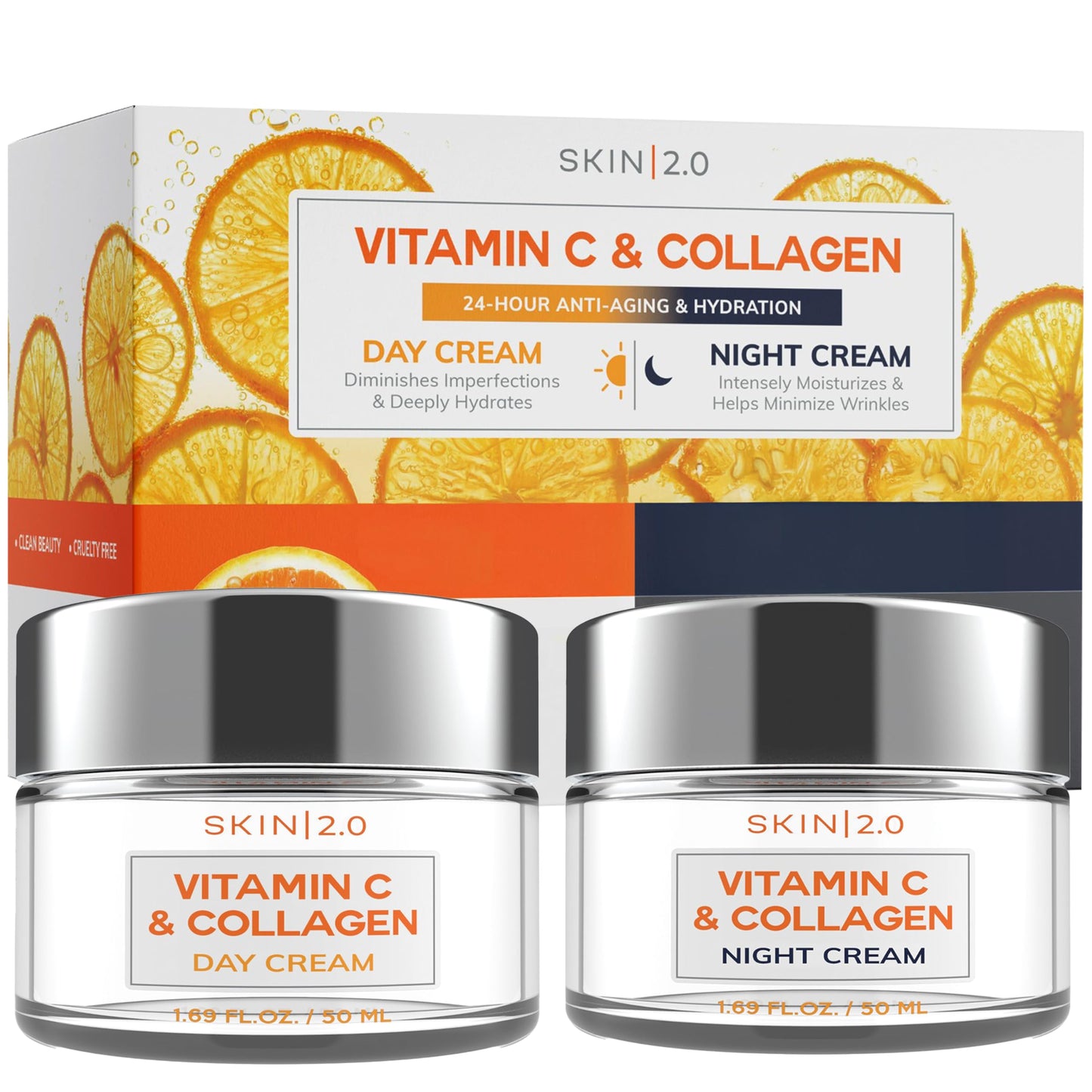 Skin 2.0 Vitamin C & Collagen Day & Night Face Moisturizer Cream - Dermatologist Tested, Brightening, Anti-Aging, Clean Beauty, Cruelty-Free Korean Skincare for All Skin Types - 1.69 oz (2-Pack)
