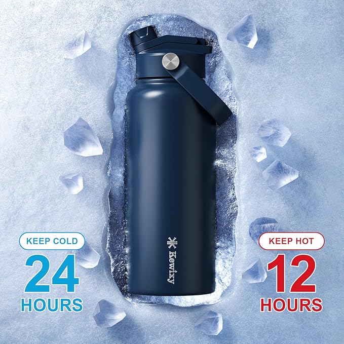 32 oz Insulated Water Bottle, 2-in-1 Lid, Straw & Spout with Protected, Leak Proof, Keep Cold, Stainless Steel, Metal, Reusable, Handle, for Outdoor, Gym and School, 2 Lids, Denim Blue