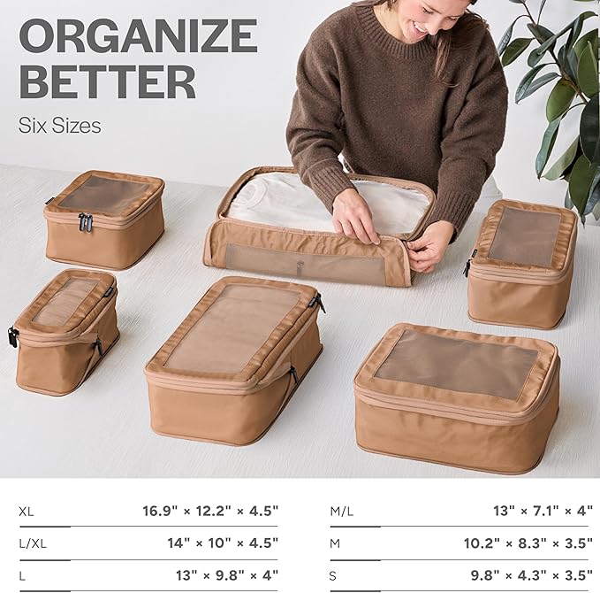 Compression Packing Cubes for Travel - Luggage Organizer Bags - Double Zipper Packing Cubes for Suitcases (6-Pack, Mocha)