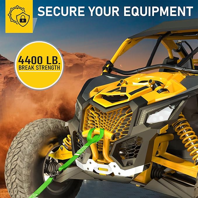 AUGO Heavy Duty Ratchet Straps & Soft Loops – Pack of 4 Extra Strong 1.5” by 10’ Ratchet Straps w/S-Hook Safety Latches & 4 Soft Loop Tie Downs – 4400Lb Break Strength for Motorcycles, ATVs, Etc.
