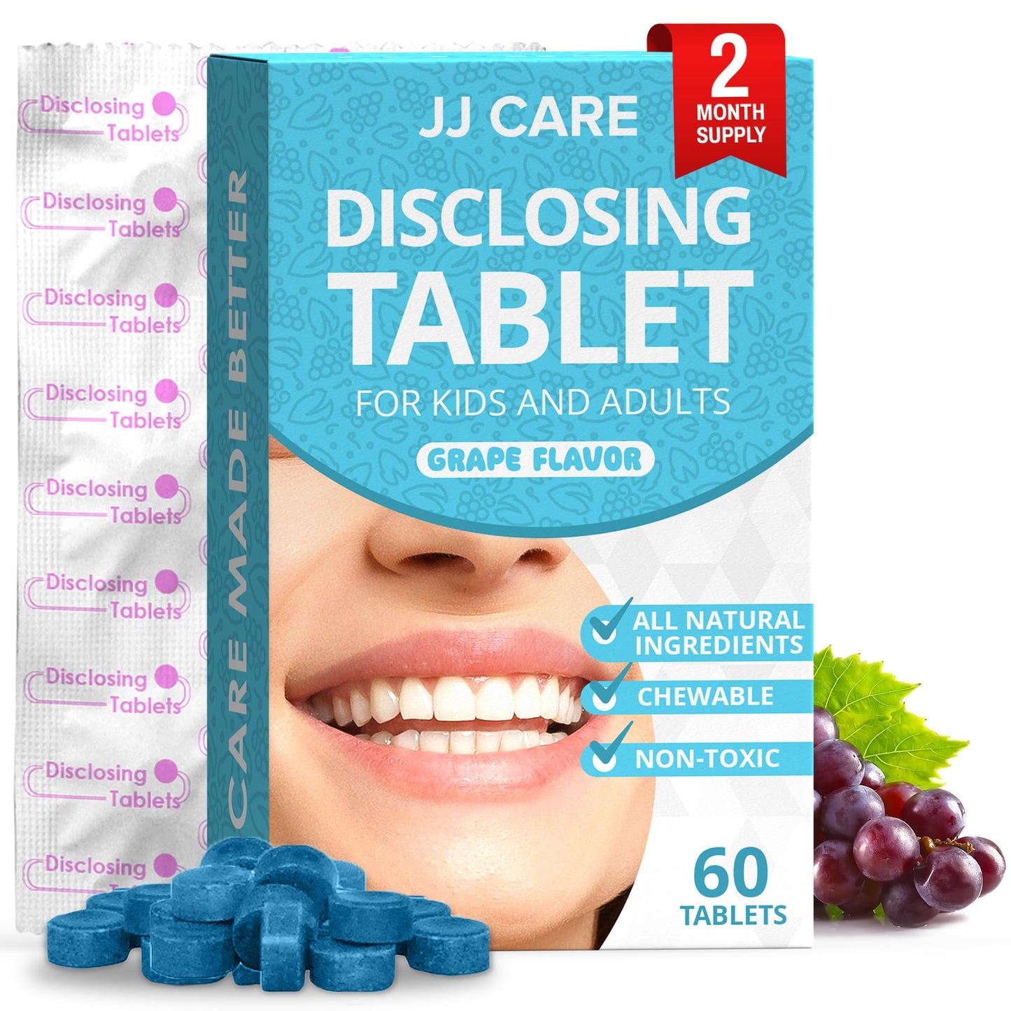 JJ Care Disclosing Tablets for Kids - 60 Count, Individually Wrapped Plaque Disclosing Tablets for Kids Brushing Teeth, Grape Flavored Plaque Remover, Dental Care for Teeth Brushing