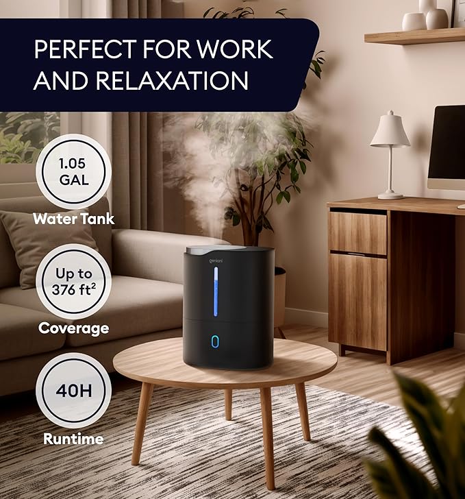 GENIANI Ultrasonic Cool Mist Humidifier for Bedroom, Large Rooms, Home, 4L - Easy Fill & Clean Humidifier for Plants w/Auto Shut-off, 40H Runtime - Quiet, Top Fill Air Humidifier & Vaporizer for Baby