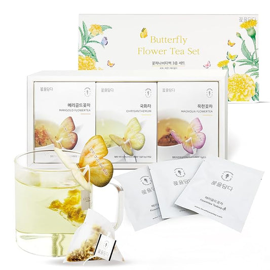 KKOKDAM Fancy Korean Tea Set Sampler – 3 Flavor Yellow Teas, Variety Pack with Butterfly Bags – Perfect and Elegant Korean Gift Box for Women- Perfect as Unique Tea Gifts or Gift Set for Women