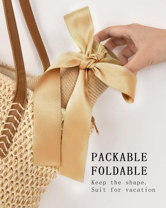 Camptrace Sun Visors for Women Wide Brim Beach Hat Foldable Straw Visor Hat Ponytail Summer Packable UPF 50+