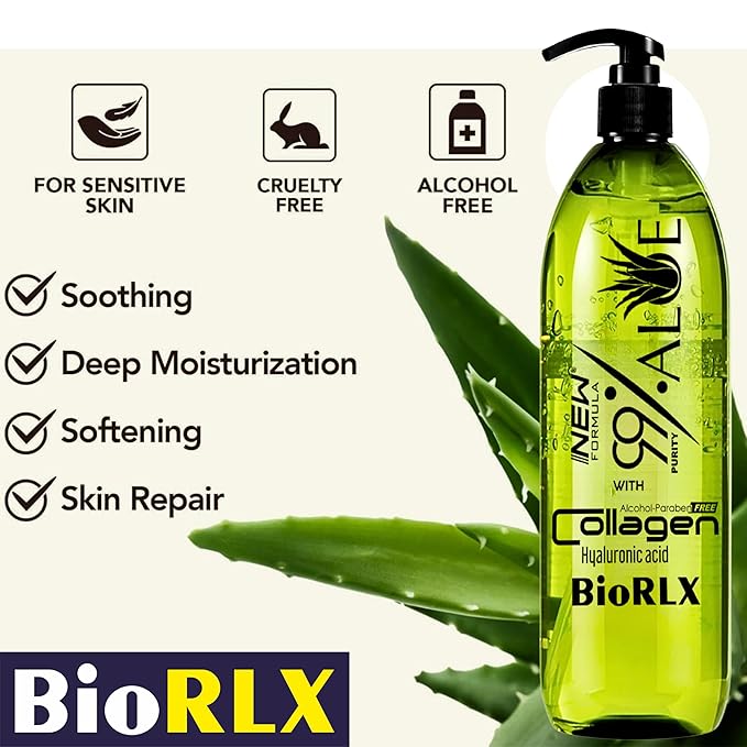 BioRLX 99% Aloe Vera Gel with Collagen and Hyaluronic Acid 250 Ml 8.5 Fl Oz - For Face Body, Hair & Scalp, After Sun Relief, Natural, Soothing, Hydrating