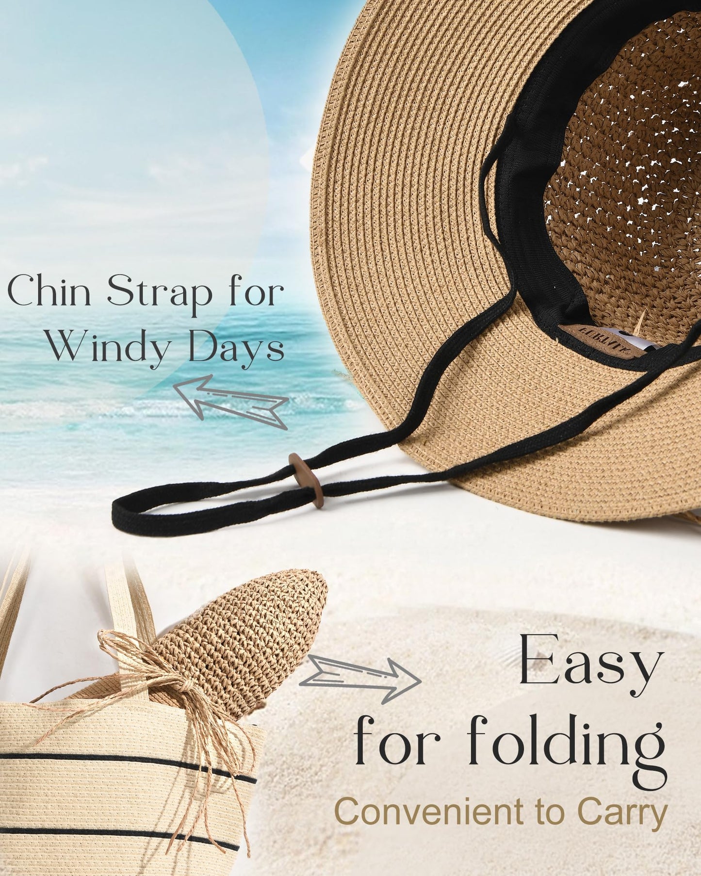 FURTALK Womens Summer Straw Beach Sun Hat Wide Brim Handmade Crochet Hats Khaki, Medium