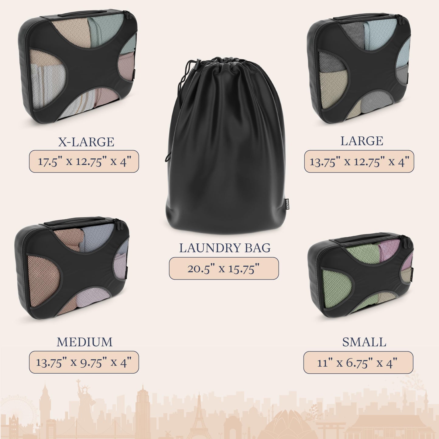 Shacke Premium 5 Packing Cubes Set - Lightweight Mesh Travel Luggage Organizers with Laundry Bag, 5-Piece Suitcase Storage System (Black)