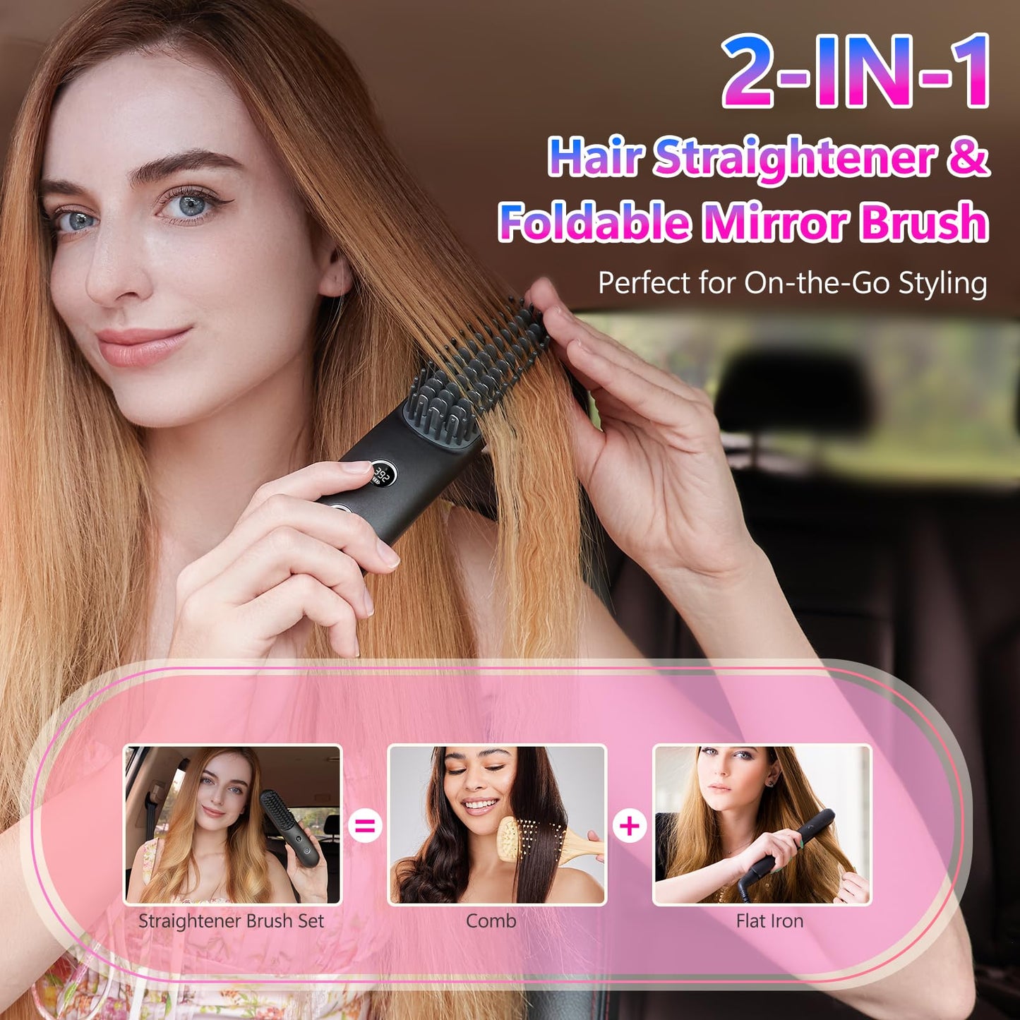 STUDLLY LCD Screen Cordless Hair Straightener Curler 2 in 1, Portable Mini Hair Straightening Brush for Travel Negative Ionic Fast Heating Hot Comb for Women, Folding Brush with Mirror, Black