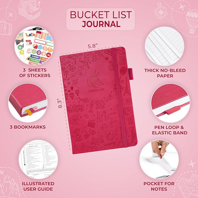 Clever Fox Bucket List Journal – Inspirational Book for Memories & Adventures – Motivational Bucket List Notebook for Couples, A5 (Dark Pink)