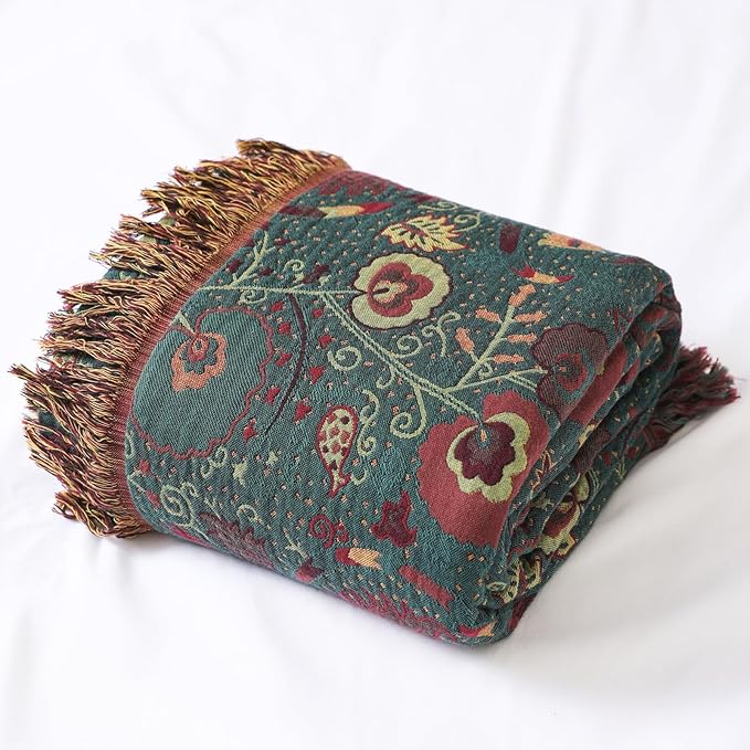 Boho Throw Blanket for Bed 100% Cotton Ultra Soft Rustic Quilt Farmhouse Decor Bed Fall Blankets,All Season Rustic Throw for Sofa Couch Chair (Flower-Dark Green, 80"×90")