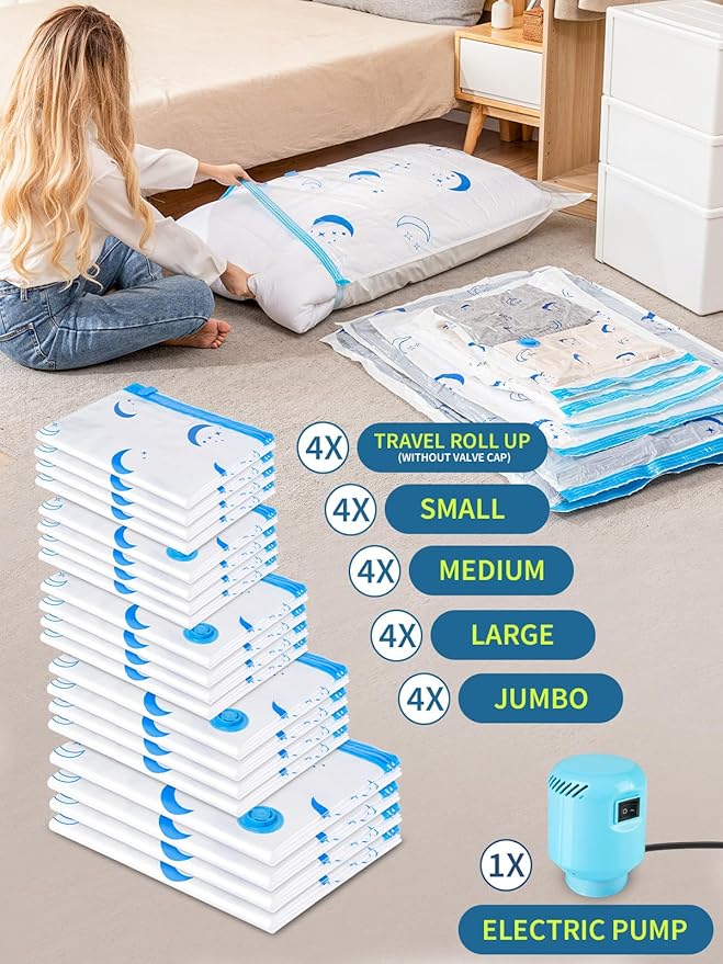 Vacuum Storage Bags with Electric Air Pump, 20 Pack (4 Jumbo, 4 Large, 4 Medium, 4 Small, 4 Roll Up Bags) Space Saving Bag for Clothes, Mattress, Blanket, Duvets, Pillows, Comforters,Travel