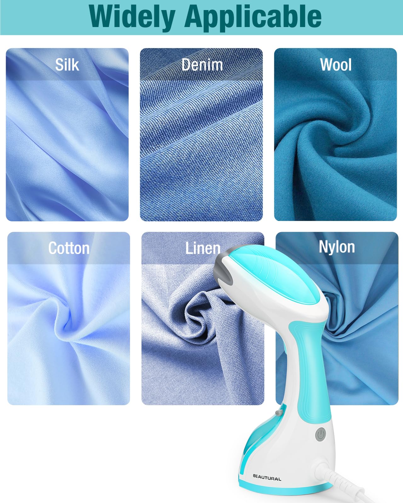 BEAUTURAL Steamer for Clothes, Portable Handheld Garment Fabric Wrinkles Remover, 30-Second Fast Heat-up, Auto-Off, Large Detachable Water Tank