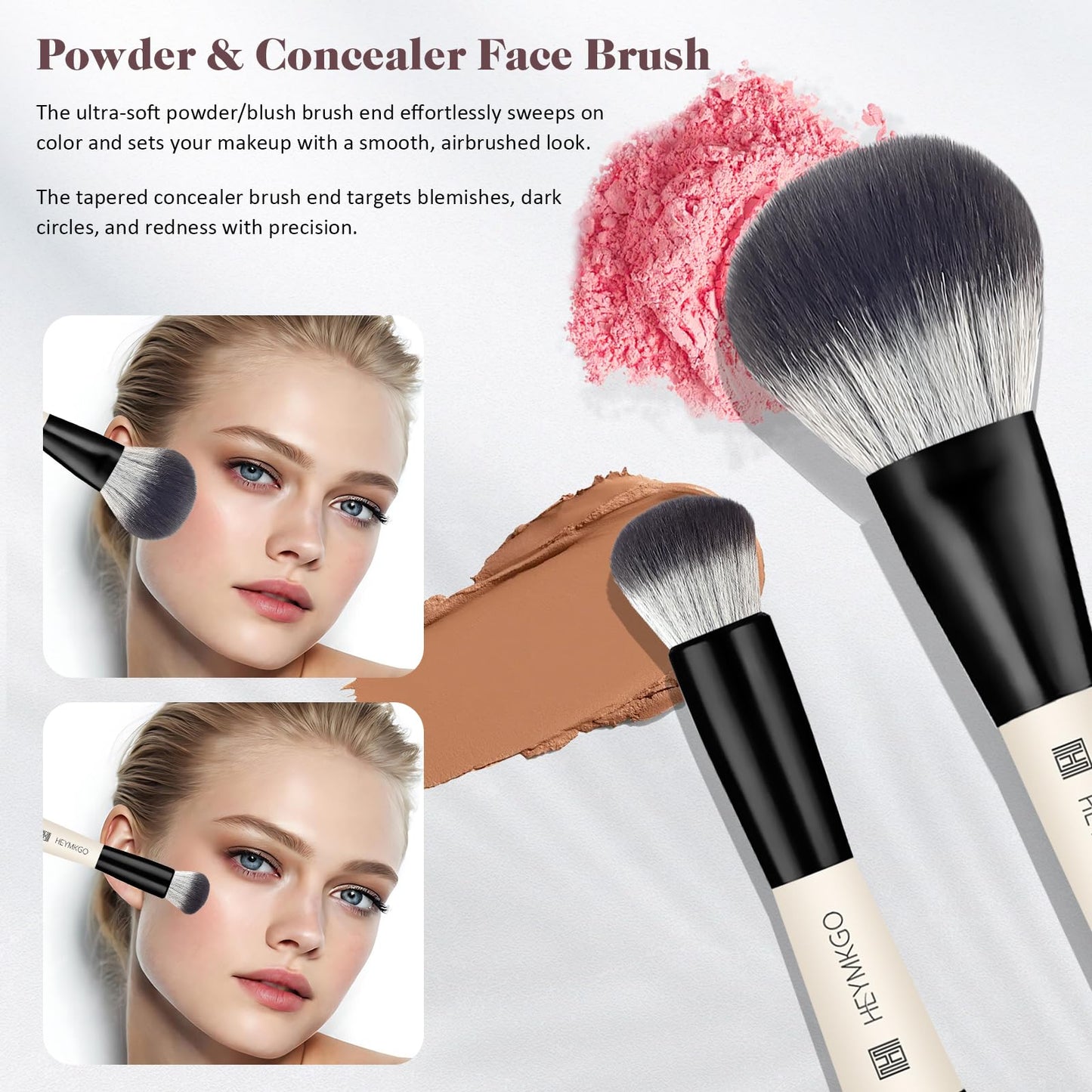 HEYMKGO Makeup Brushes Set, 4Pcs Professional Dual-ended Foundation Contour Power Face Eyeshadow Brush set for Liquid,Cream, Powder for Blending Contouring Makeup Tools- Great for Travel Use, Black