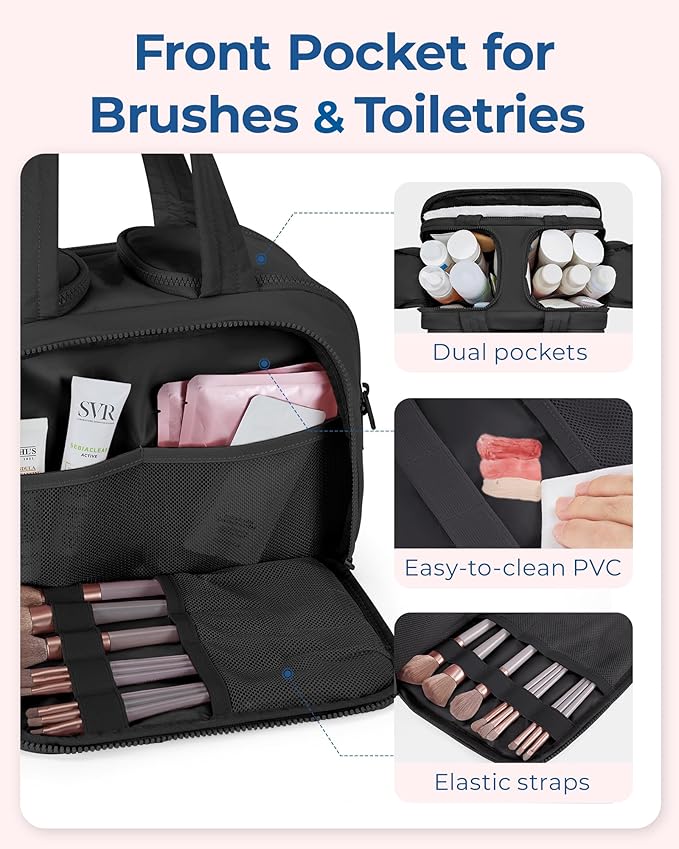 BAGSMART Travel Toiletry Bag, Lightweight Large Wide-open Travel Bag for Women, Puffy Cosmetic Makeup Bag Organizer with Handle for Accessories,Essentials, Toiletries, Black