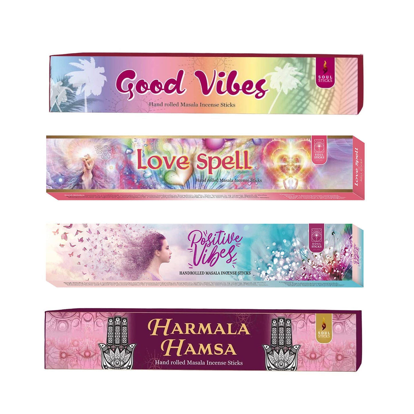 Soul Sticks Hand-Rolled Incense Sticks Variety 4 Pack | 100% Natural Masala Incense Organic Home Fragrance Agarbatti | 15 Grams Per Pack - 60 Grams Total (Magical Bliss) (Peace & Love)