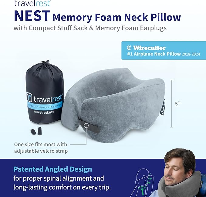 TRAVELREST Nest Neck Pillow Travel Essentials - Memory Foam Pillow and Patented Design, Support for Long Flights, Travel Accessories, Comfortable and Compact, Washable, Attaches to Luggage - Gray