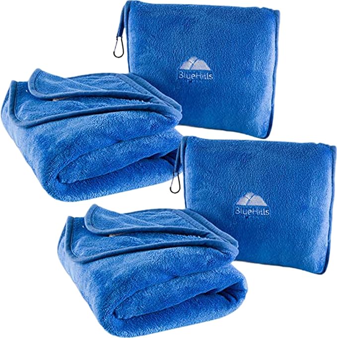 BlueHills 2-Pack Premium Soft Travel Blanket Pillow Airplane Blanket in Soft Bag Pillowcase with Hand Luggage Belt and Backpack Clip, Compact Pack Large Blankets for Any Travel Royal Blue T015