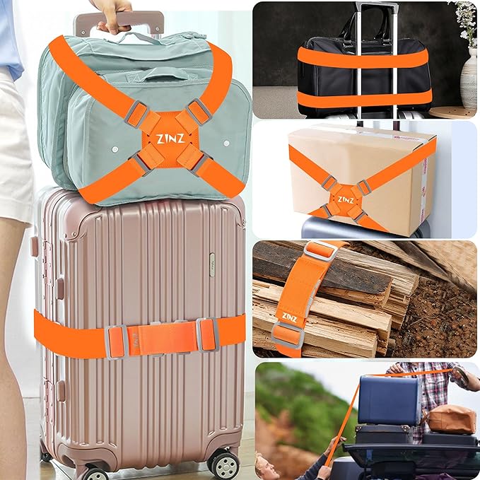 2-Pack Elastic Luggage Straps with Suitcase Bungee, Adjustable Bag Belt Travel Accessories -Orange