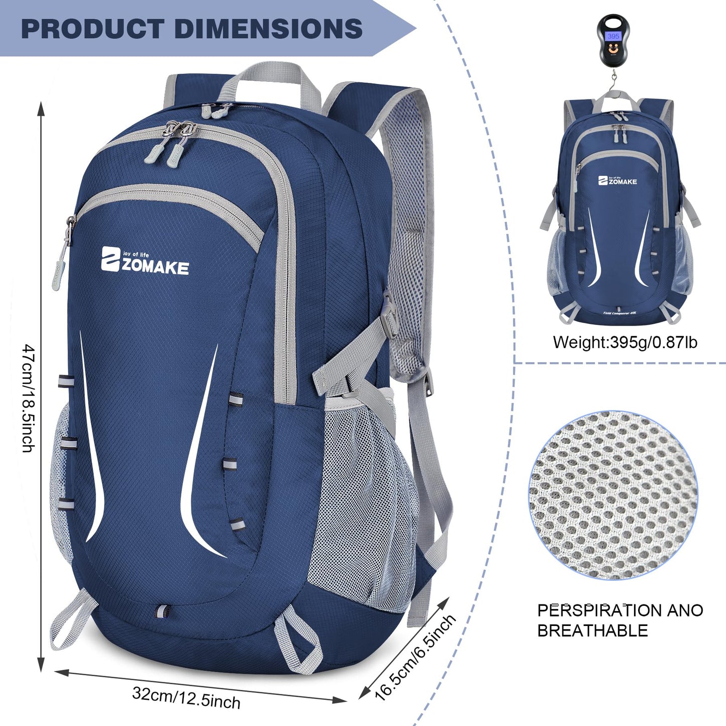 ZOMAKE Lightweight Packable Backpack 35L, Foldable Backpacks Water Resistant Collapsible Light Daypack for Hiking(Navy Blue)