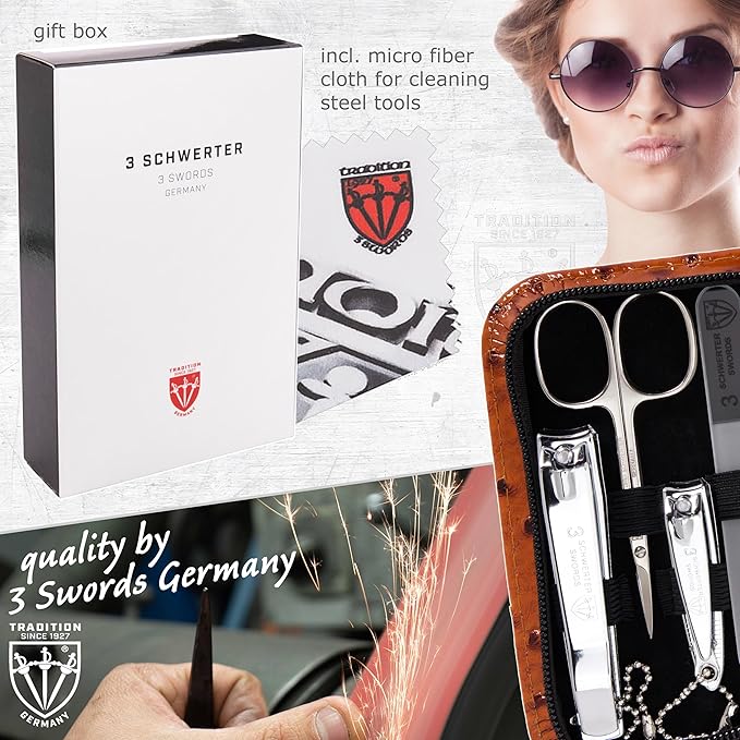 3 Swords Germany - brand quality 8 piece manicure pedicure grooming kit set synthetic leather case ostrich cognac - Made in Germany