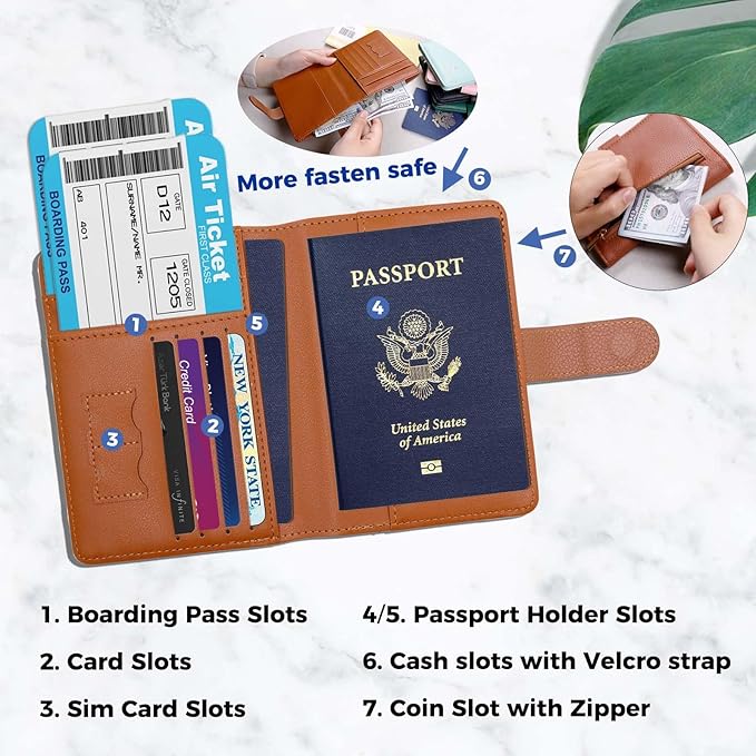 Cnycmy Passport Holder with RFID Blocking, Cash Pocket & Back Zipper Coin Pocket - Travel Document Holder, Magnetic Button, Multiple Card Slots - Soft PU Leather for Men and Women (BROWN)